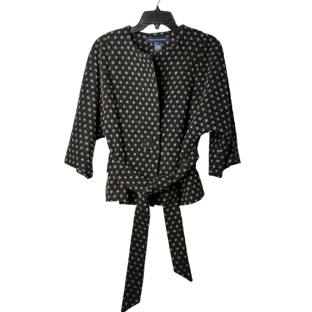 French Connection Size 6 Wool Jacket Polka Dot Waist Tie Business Casual Modest